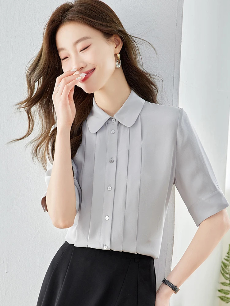 

Летние Новые Рубашки, Топы, женские модные повседневные плиссированные блузки с коротким рукавом, пригородные Топы в Корейском стиле