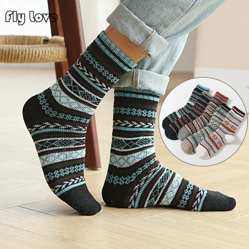 

5 Pairs Ethnic Style Men Rabbit Wool Socks Thick Knit Vintage Multicolor Middle Tube Warm Cozy Winter Boot Socks