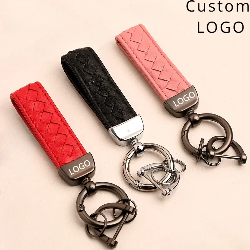 

Customized Sheepskin Braid Leather Keychain for Men and Women Car Logo Metal Key Chain Pendant Laser Engrave Keyring Gift