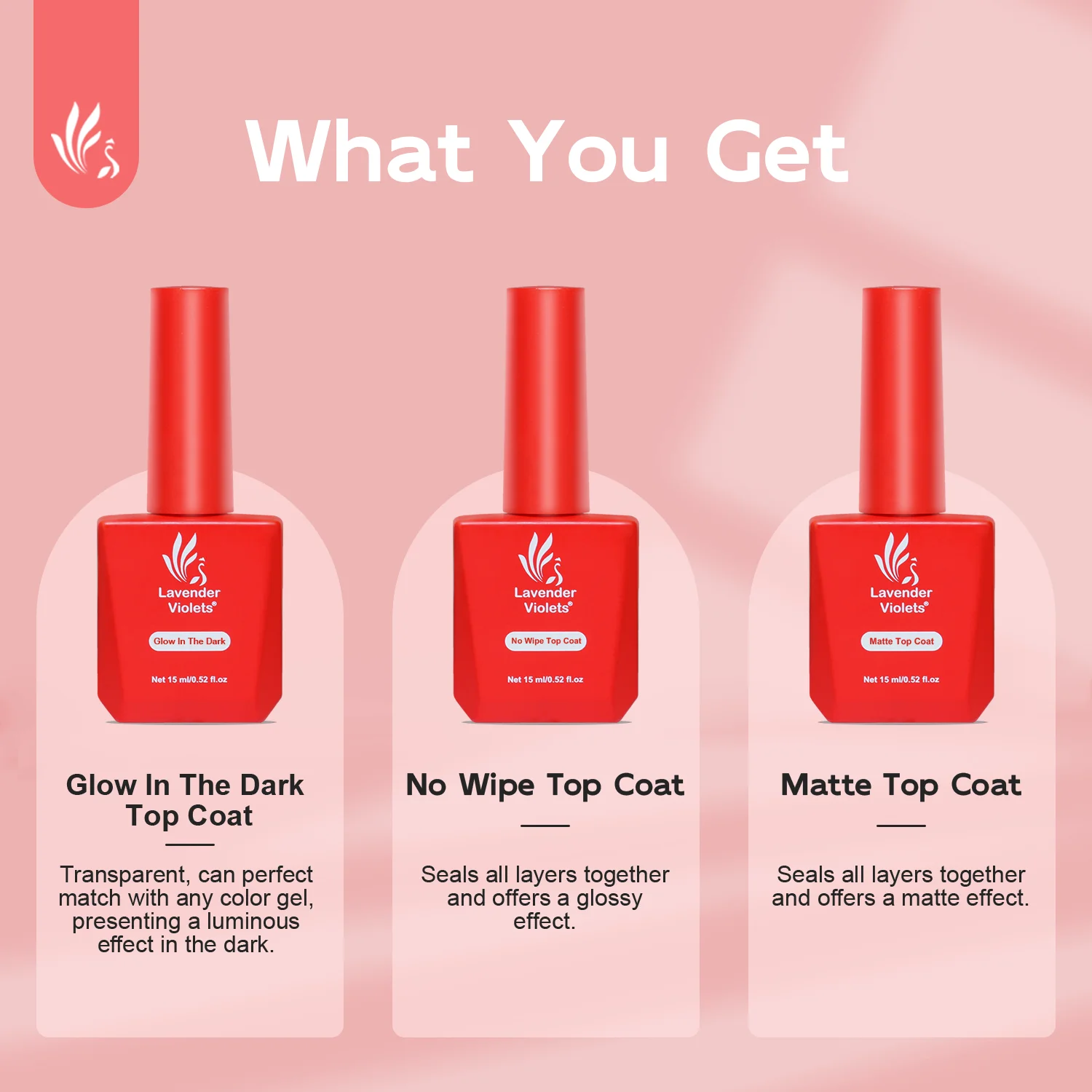 3pcs 15ml No Wipe Glossy Top & Matte Top Coat and Glow in the Dark Top Coat, Soak Off Gel Nail Polish for Nail Art Manicure 2