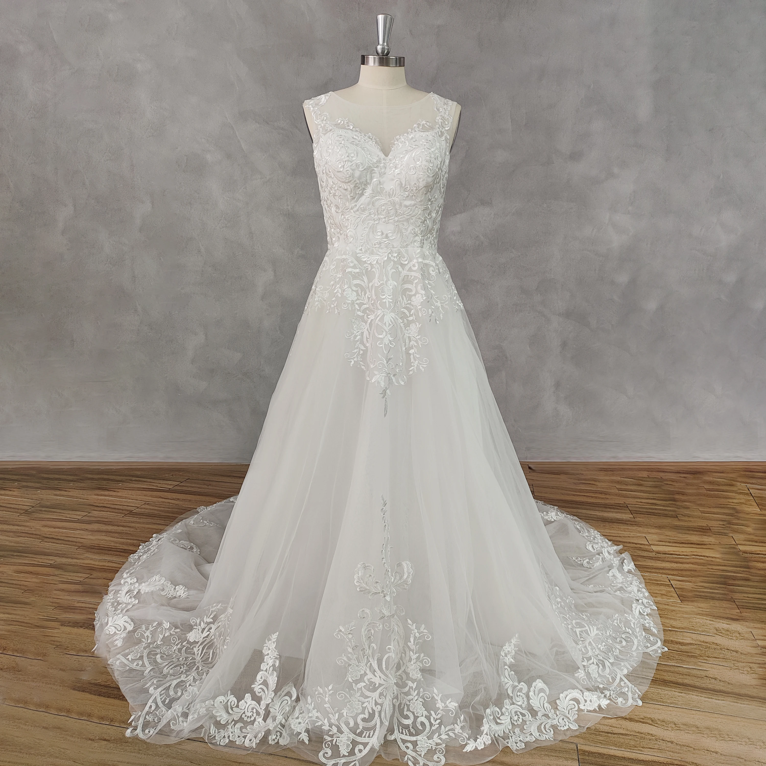 

DIDEYTTAWL Real Picture Boho O-Neck Sleeveless Appliques Wedding Dress Illusion Back Chiffon Bridal Gown Custom Made