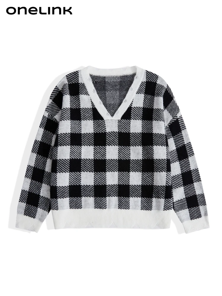 onelink-black-white-plaid-2022-autumn-winter-plus-size-women-woolen-pullover-sweater-v-neck-oversize-knitwear-big-clothing