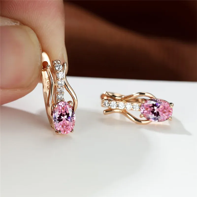 Crystal Female Pink White Oval Stone Hoop Earrings Cute Bridal Birthstone Wedding Jewelry For Women