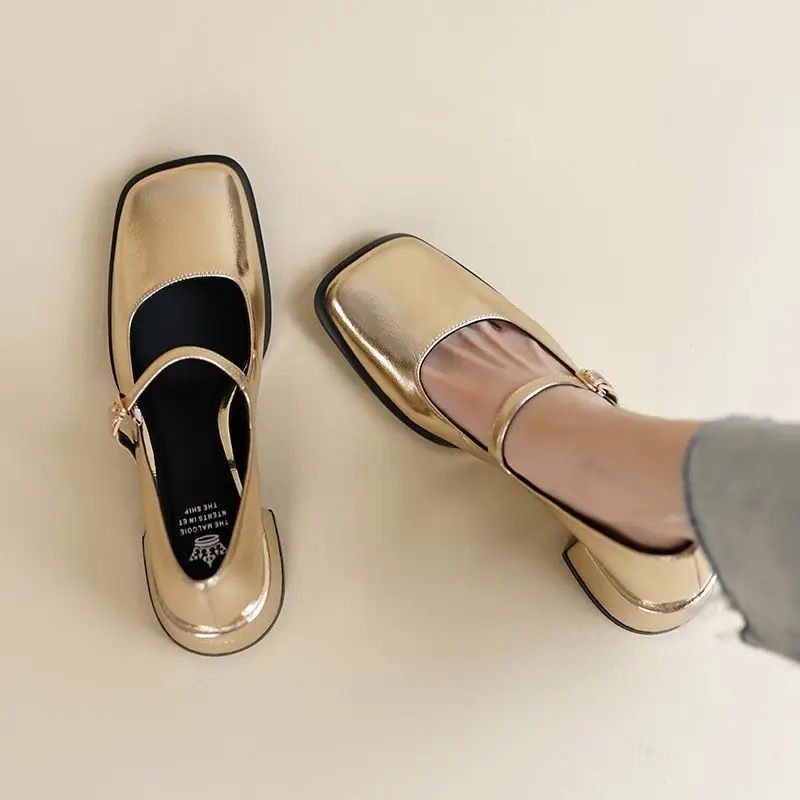 2023 5CM Silver Thick Heels Mary Jane Shoes Women Buckle Strap Square