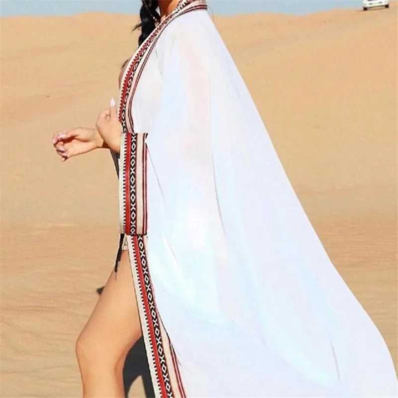 White Chiffon Long Maxi Kimono Cardigan Women Beach Cover Up Embroidery Edge with Belt Tunica Kaftans Femininos Beachwear 2026 3