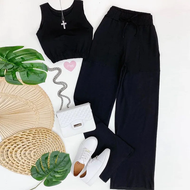 

Women's 2023 New Sweet Solid Color Cropped Vest Drawstring High Waist Straight Pants Fashion Casual Suit