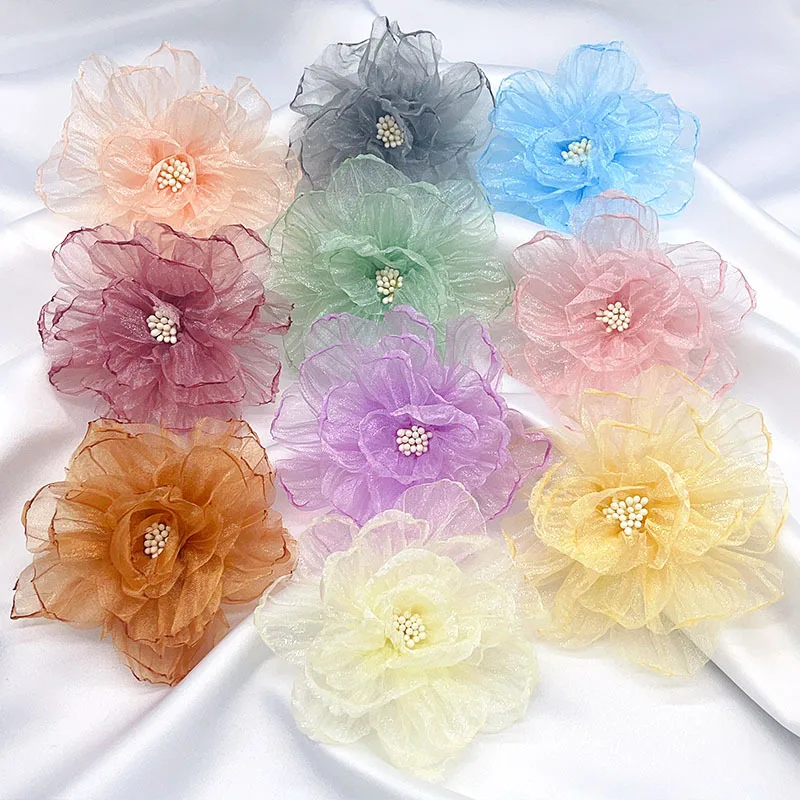 5PCS 9CM handgemachte Chiffon DIY Kleidung Schuhe Hüte Blumen Haarnadel Schmuck Zubehör Stoff Corsage