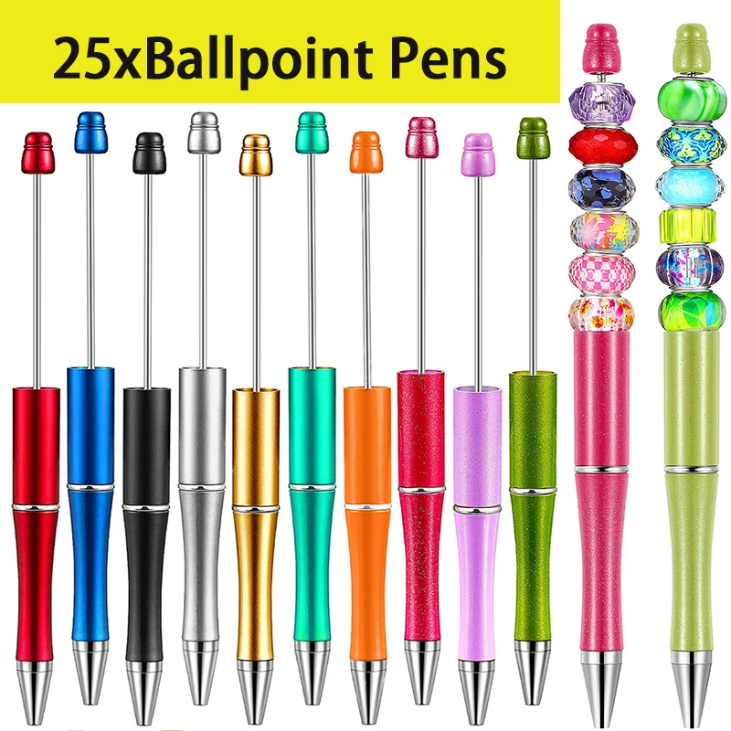 

25 Pcs Plastic Beadable Pens Multicolor Ballpoint Pen Beads Pen for Kid Student Office School DIY Making