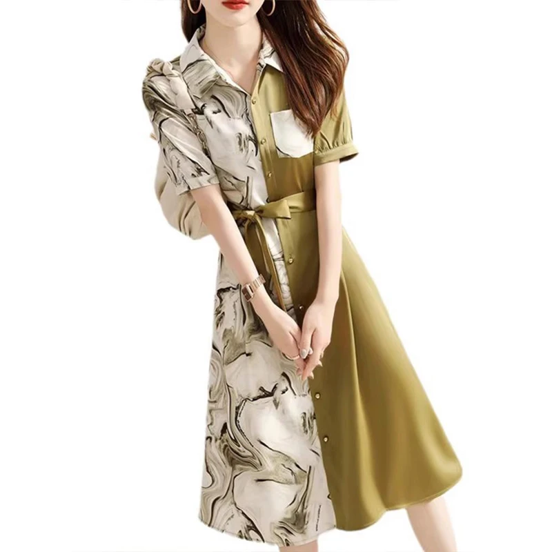 

Summer POLO Collar Fashion Short Sleeve Midi Dress Women High Street Casual Printing Dresses Elegant Pockets Patchwork Vestidos