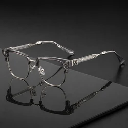 Vintage Luxury Half Frame Cross Carving Anti Blue Light Retro Square Eyewear (Grey Clear)