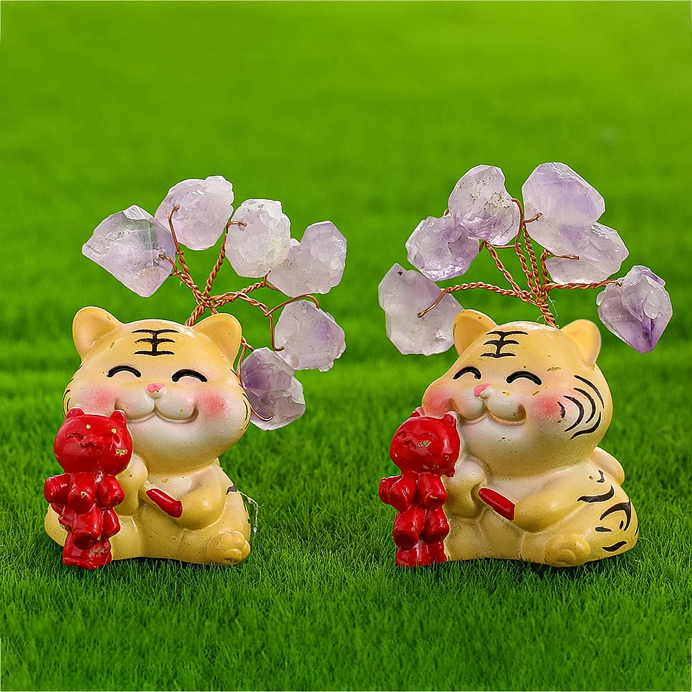 

Cartoon Resin Tiger Figurine Ornaments Wire Weave Amethyst Tree Decor Miniature Landscape Crafts for Desk Flowerpot Car Console