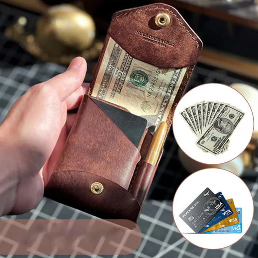 PU Leather Money Organizer Pen Clip Case Handmade Portable Compact Wallet Bi-Fold ID Card Holder Waterproof Daily Small Pocket