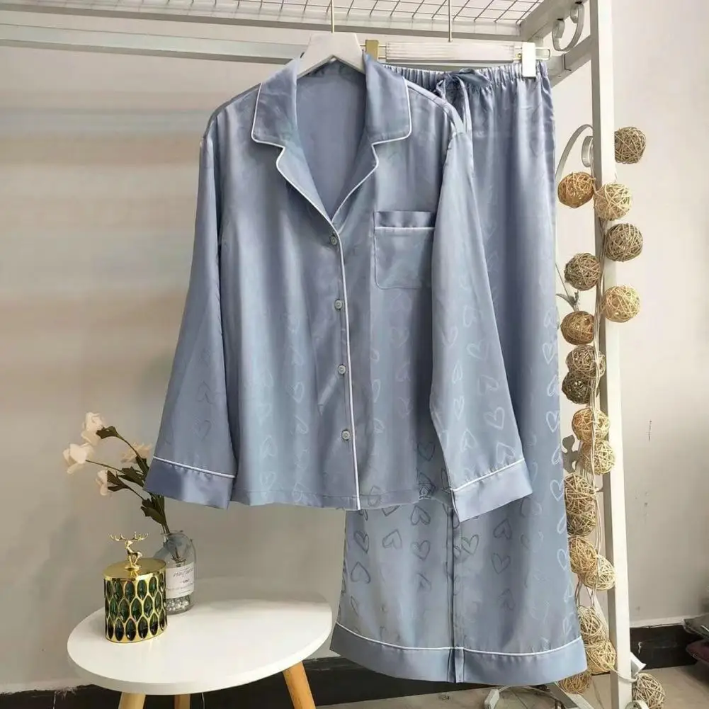 

Women Sleep Set Women's Heart Print Silky Ice Silk Pajama Set with Long Sleeve Shirt Wide Leg Pants for Spring Summer Sleepwear