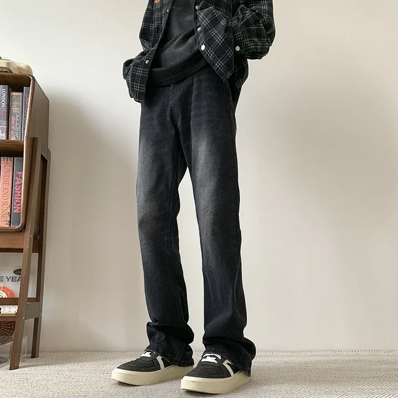 Vintage Distressed Black Jeans for Men Straight Casual Long Pants Autumn Winter Daily Clothing Washed Denim Trousers Male