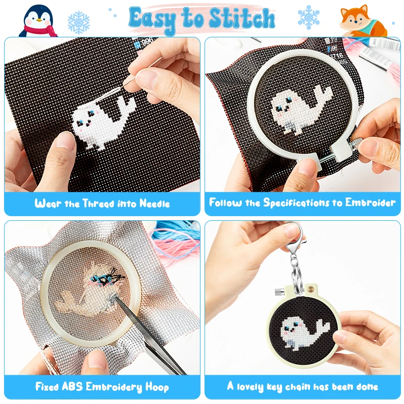Beginner Embroidery Starter Kit Cross Stitch Polar Animals Pattern Sewing with Instructions Knitted Manual DIY Keychain Craft