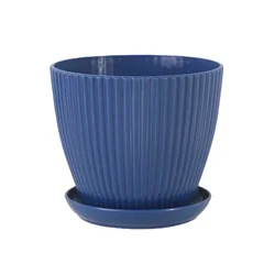 Vertical Striped Round Planter with Tray - XXL 17X14X14CM (Blue)