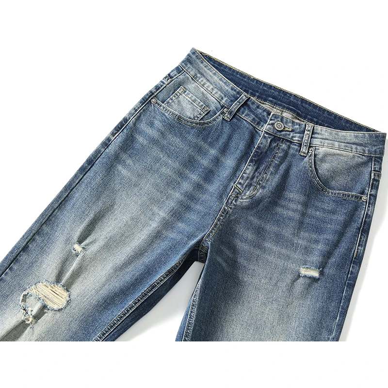 KSTUN Hiphop Jeans Men Ripped Denim Pants Stretch Slim Straight Men's Jeans Distressed Hollow Out Moto&Biker Streetwear