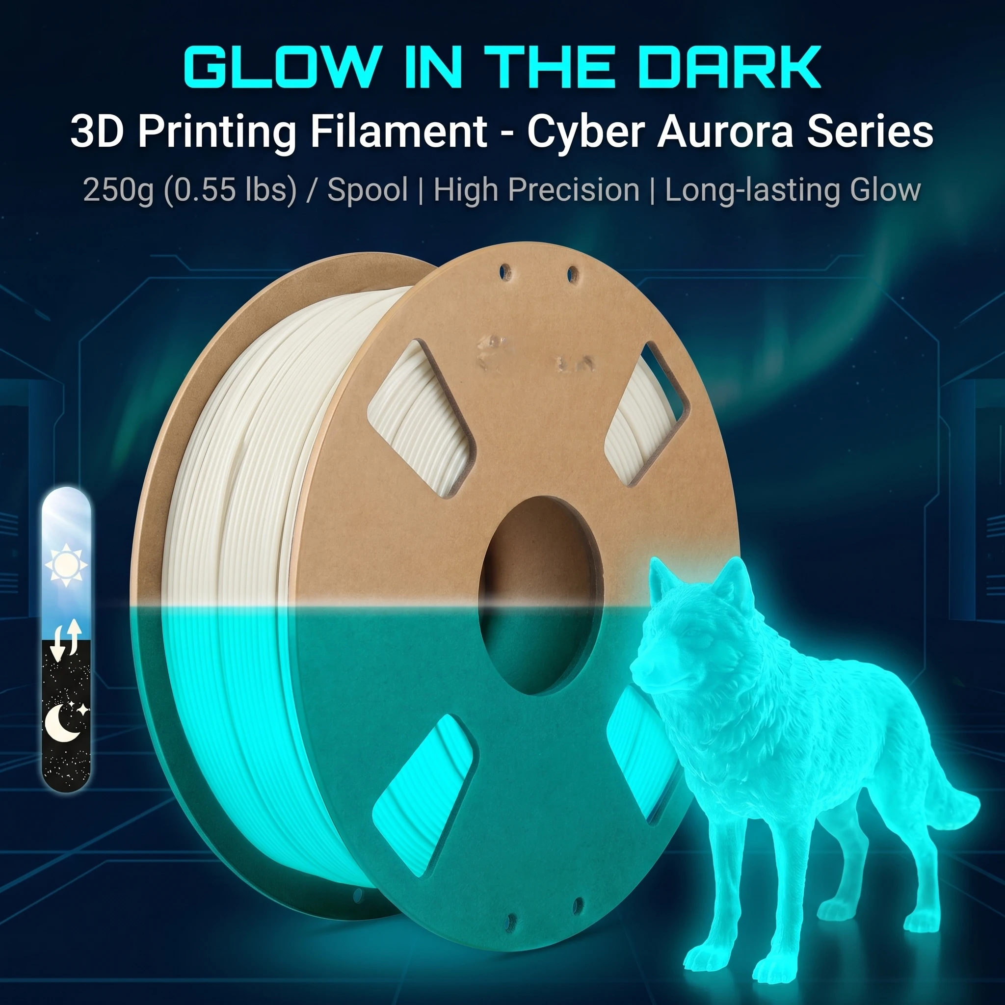 어두운 곳에서 빛나는 무지개색 청록색 변색 PLA 필라멘트 1.75mm 250g 발광 멀티컬러 3D 프린터 필라멘트 치수 정확도