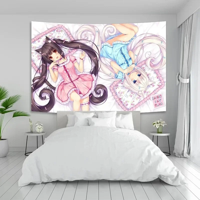 VIKAMA Nekopara Wandteppich mit Chocola- und Vanille-Motiv, Katzenmädchen-Maid-Design, perfekt für Kawaii-Dekor, Schlafzimmer-Wandgestaltung – Detail 2