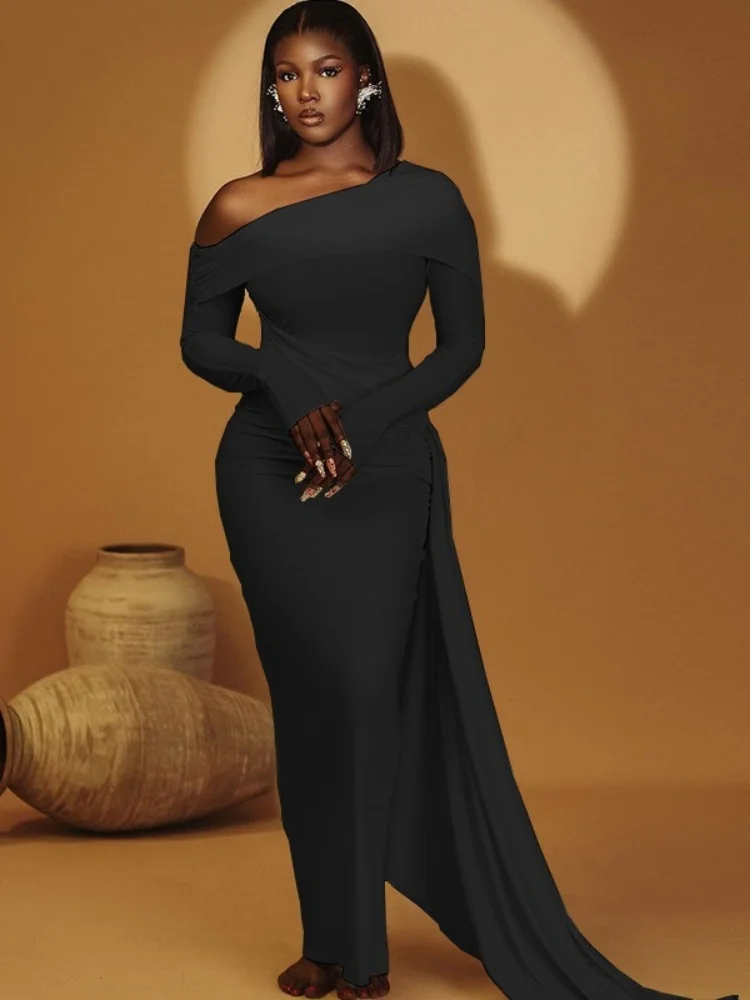 Wmstar Dress Women Wholesale 2025 Fashionable Solid Color Slanted Collar Revealing One Shoulder and Long Sleeves Irregular