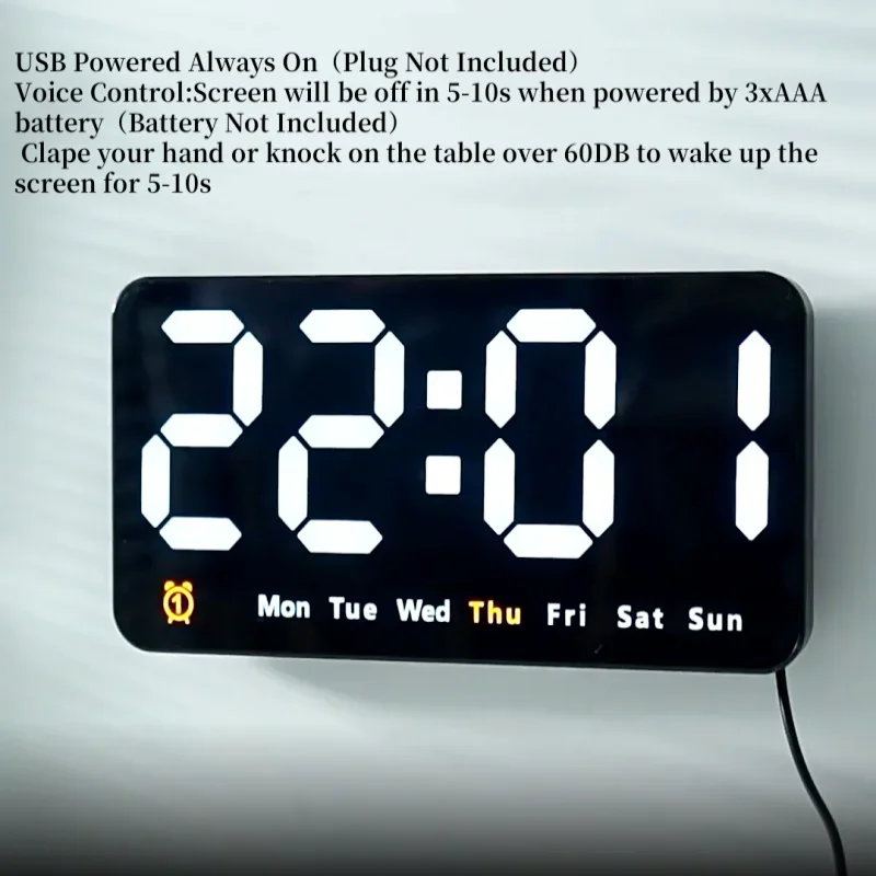Digital Wall Clock Voice Control Large Temperature Date Week DST Snooze 12/24H Dual Alarm Wall-mounted LED