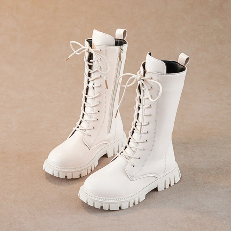 Girls Black Beige PU High Boots for Spring Autumn