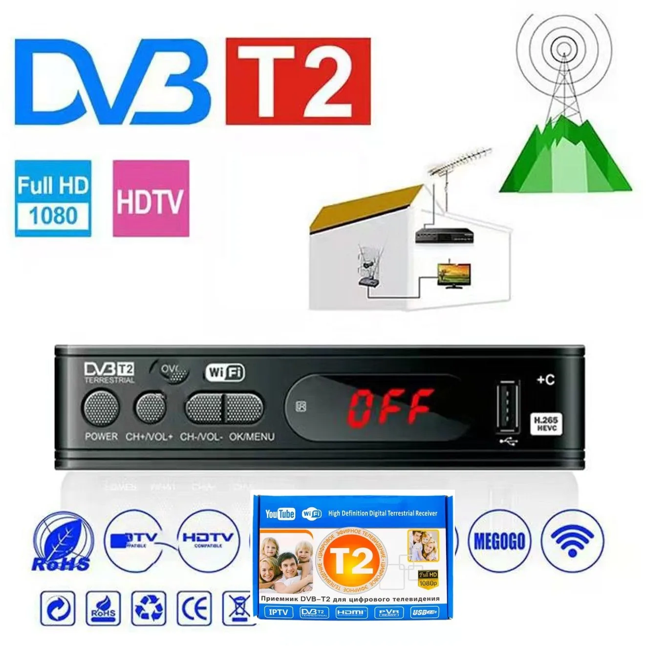 

H.264 DVB-T2 1080P HD телеприставка для спутникового приемника со стандартным адаптером Поддержка MPEG4 декодер для России/Украины/Африки