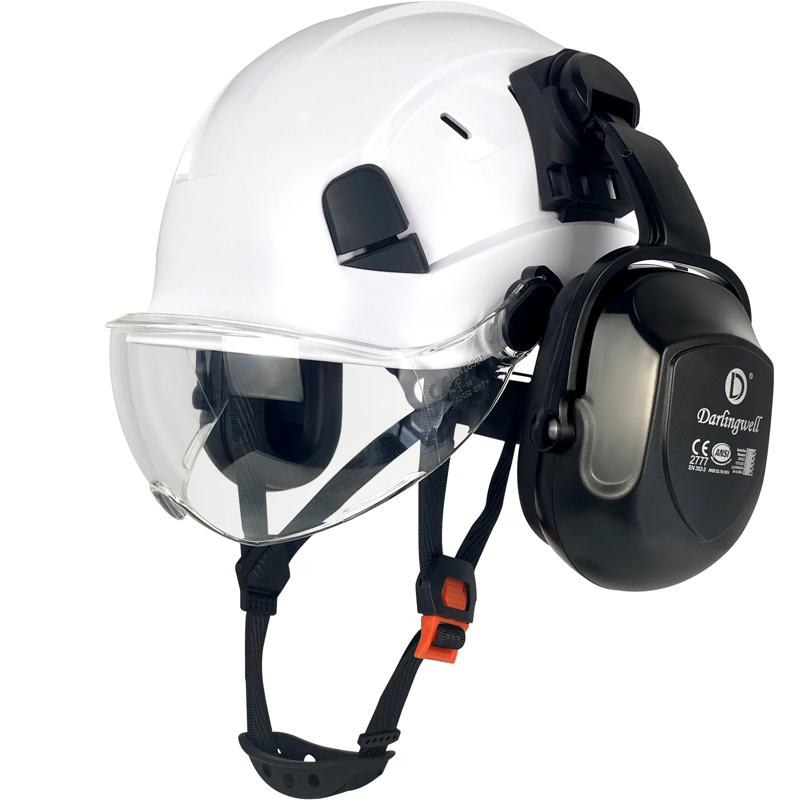 DARLINGWELL CE Construction Safety Helmet with Goggles for Engineer Visor with Earmuff, Work Cap, ABS Hard Hat, ANSI Industrial