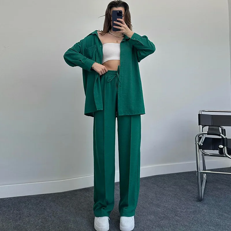 2022 Set Women's Autumn and Winter Long sleeved Shirt with Folded Elastic Waist Pants Elegant Solid Color Two Piece Set New