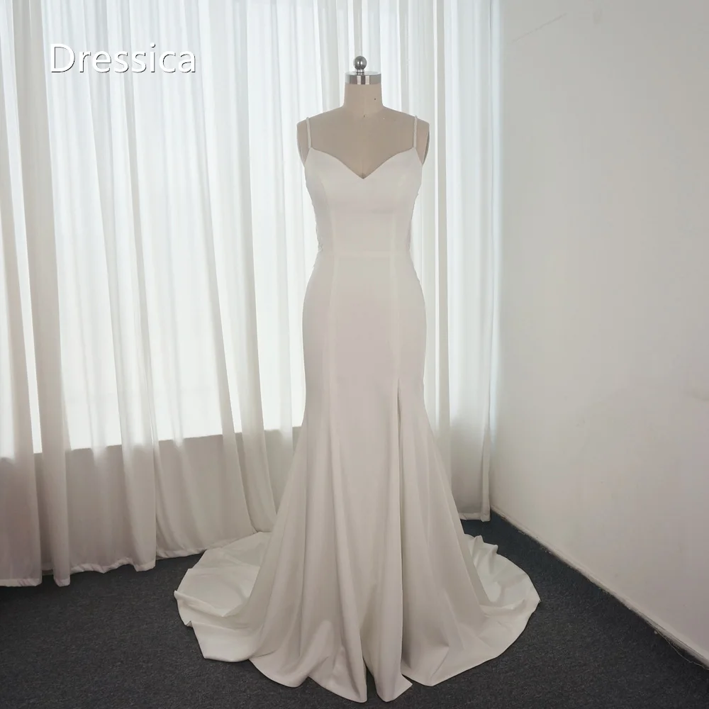

Spaghetti Strap Sheath Crepe Wedding Dress with Leg Splt on Skirt Elegant Simple Bridal Gown 2023 New Trend