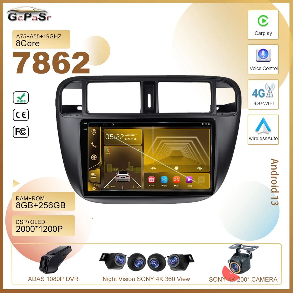 

GcPaSr Android 13 For Honda Civic 1996-2001 Car Dvd Auto Radio Stereo Multimedia Player GPS Navigation 5G wifi 7862 CPU HDR QLED