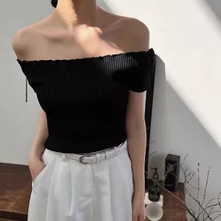 Women's Off Neck Stripe Knitted Crop Tops Off Shoulder Korean Version Slim Summer Outfits