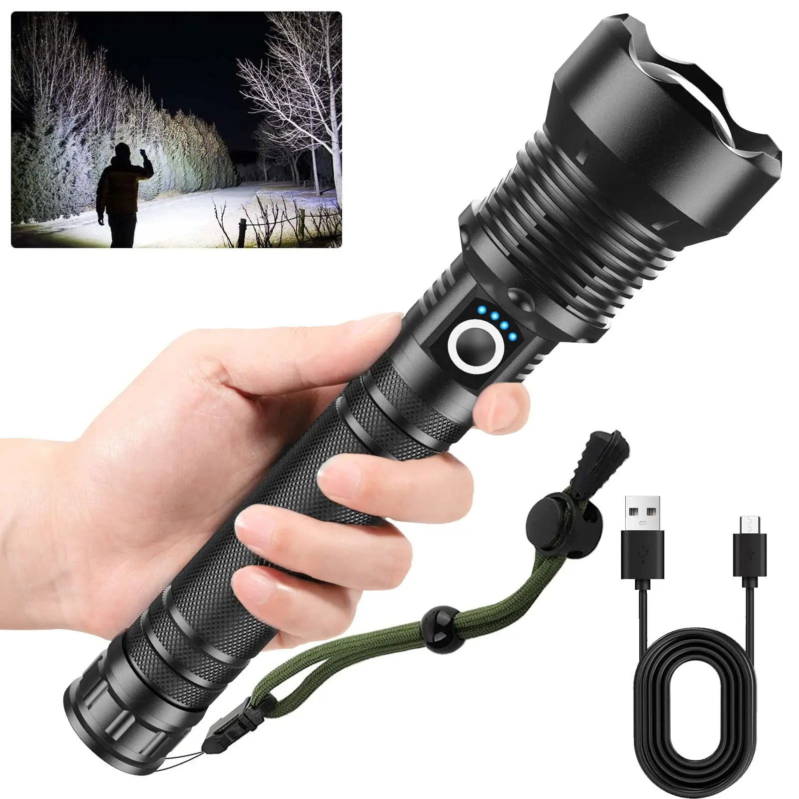 100000 Lumens Powerful Flashlight, Rechargeable Waterproof Searchlight  XHP70 Super Bright Handheld Led Flashlight Tactical Flashlight 26650  Battery