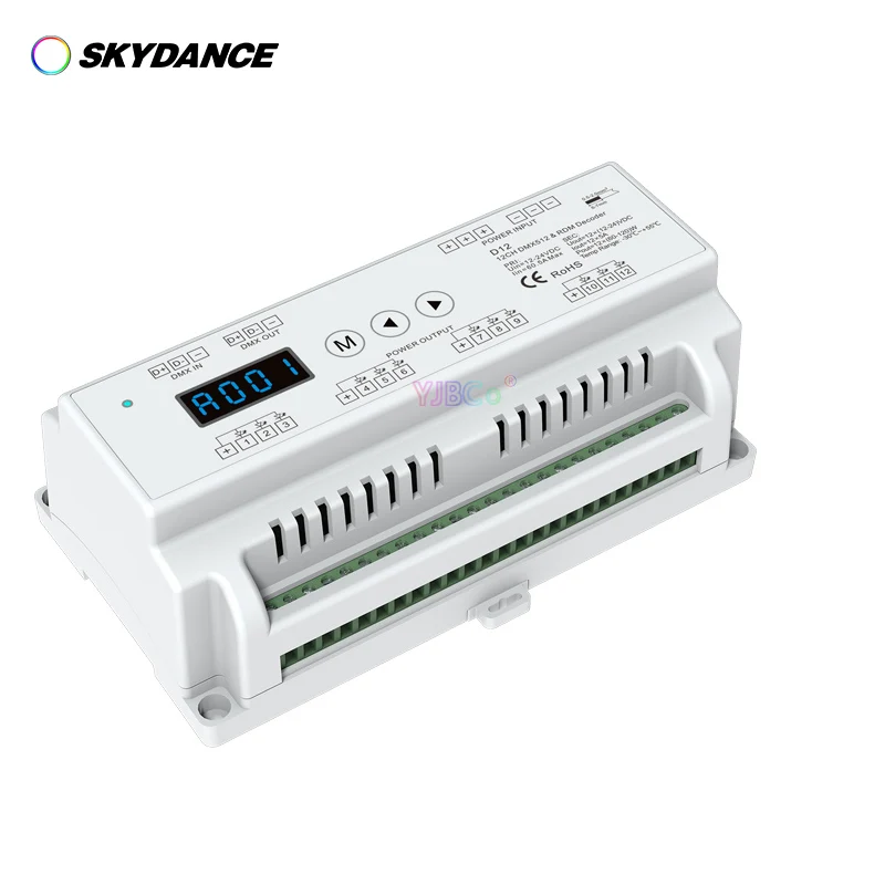 

D12 Din Rail 12 Channel DMX512 Decoder Constant Voltage with Display 12CH CV PWM Decoder for Setting DMX Address 12V 24V DC