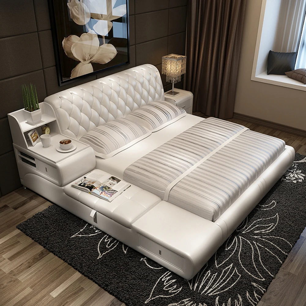 MANBAS Multifunctional Genuine Leather Bed with Storage Upgraded Tatami Beds Premium Upholstered Bed Frame for Bedroom Furniture