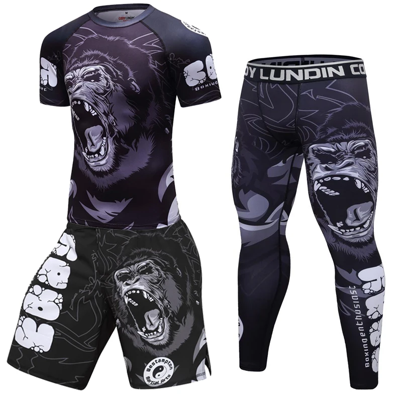 Men Boxing Set Compression Jersey Pants 3D Orangutan Print Rashguard Kickboxing Tight T-shirts Pants Muay Thai MMA Fightwear