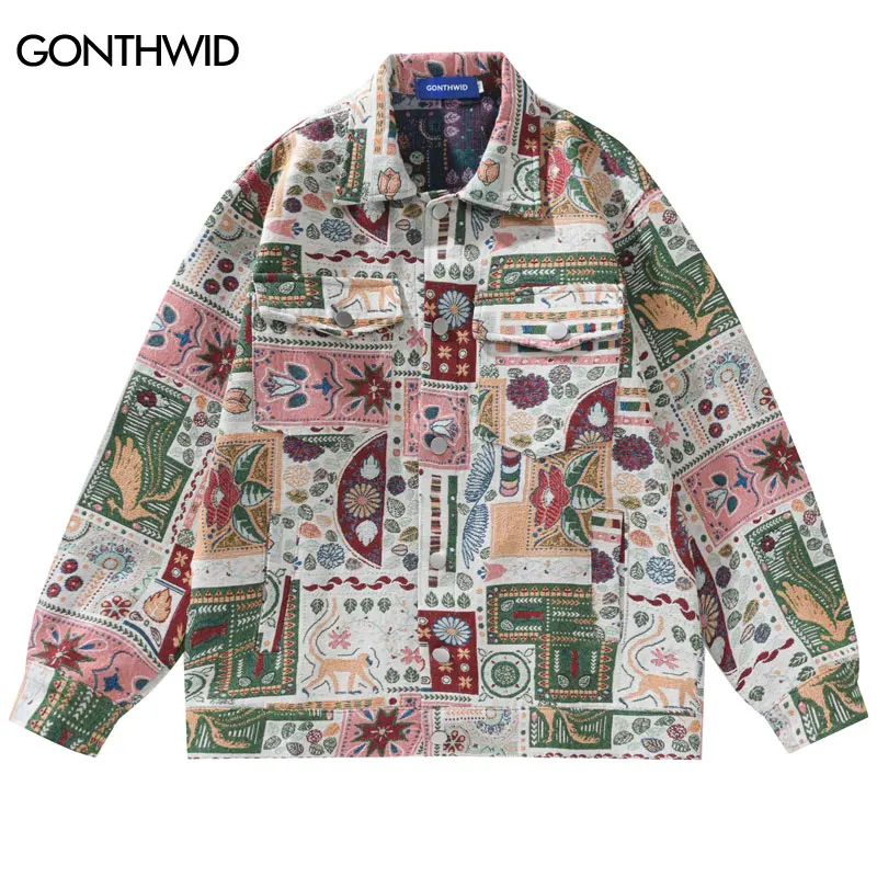 

Толстая рубашка в стиле Харадзюку, уличная одежда, ретро, с цветочным принтом, Лоскутная рубашка с длинным рукавом, пальто, мода 2023, свободные пальто на пуговицах