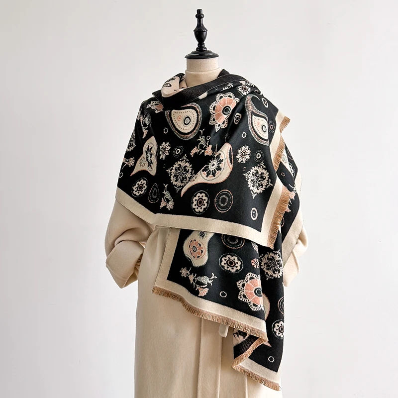 Women's Winter Fashion Faux Cashmere Scarf Vintage Floral Print With Tassels Thick Warm Shawl Trendy Wrap For Cold Weather