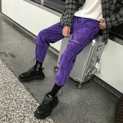 Men Streetwear Cargo Pants 2021 Overalls Mens Baggy Hip Hop Joggers Pants Pockets Harem Pants Purple Sweatpants Korean
