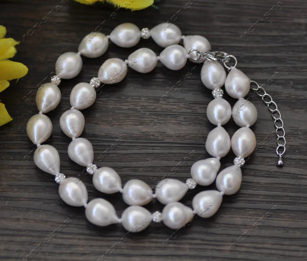 

Z13211 A+ 20" 14mm White Teardrop Rice Freshwater Pearl Necklace CZ Bead Custom jewelry