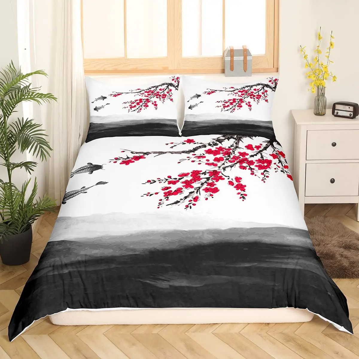 Cherry Blossoms Bedding Set Japanese Style Theme Pink Comforter Cover Set Printed Duvet Cover with Zipper Couple, Twin Size 6