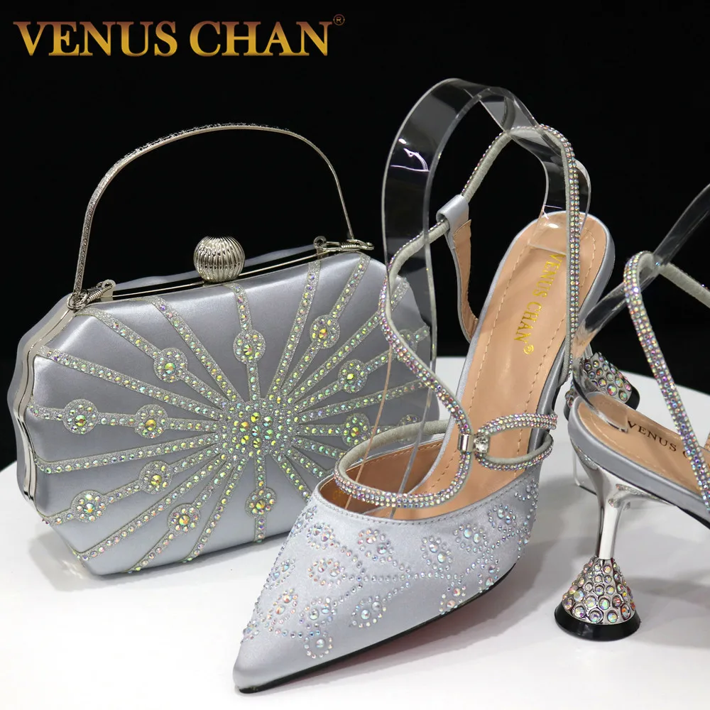 

Venus Chan, модный тренд, серебряный цвет, цветочный дизайн, заостренный носок, высокий каблук, элегантная обувь и сумка, набор для Нигерии, модель 2023