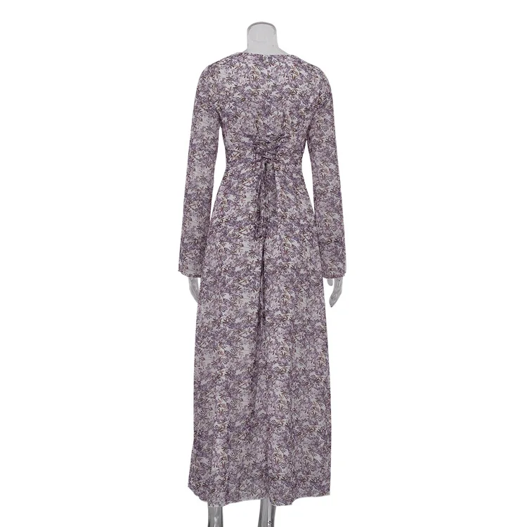 Elegant Printed Fashion Maxi Dress For Women Lace-Up Long Sleeve Party Dress High Waist Bandage Women's Bodycon Dress New