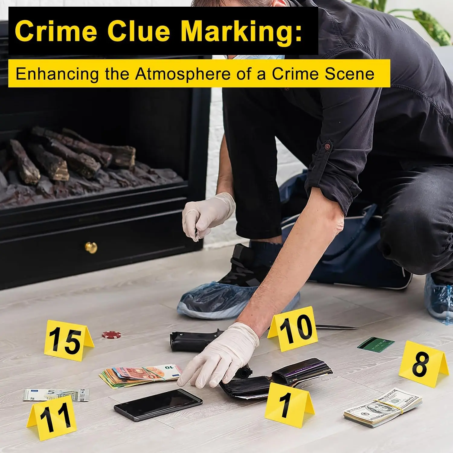 15 pezzi di marcatori per prove di scena del crimine, marcatori per prove investigative, decorazioni per scene del crimine, accessori per giochi di mistero e omicidi. - immagine 6
