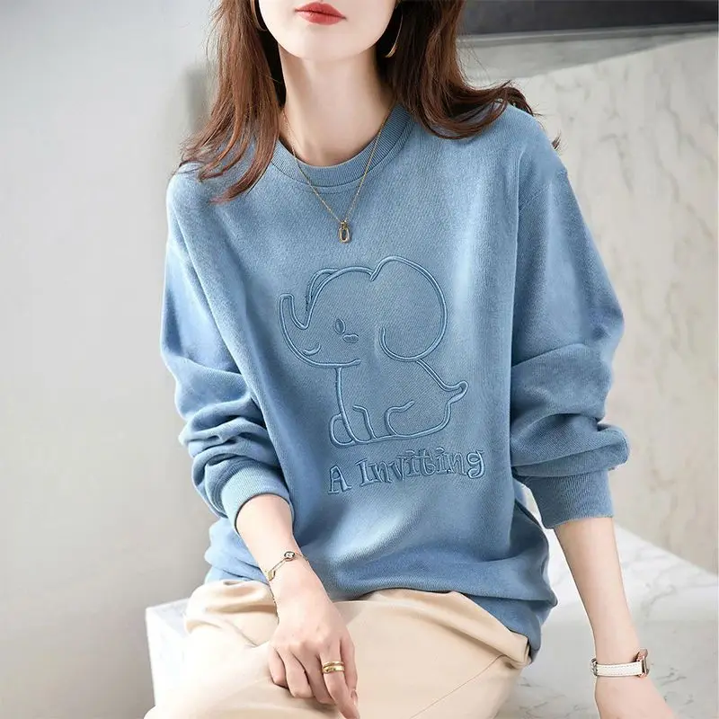 Casual Stylish Cartoon Embroidery Sweatshirts Letter Women's Clothing Korean O-Neck Spring Autumn Commute Long Sleeve Pullovers