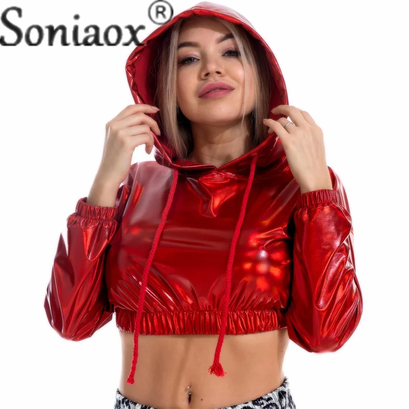 Sexy Leaky Navel Hooded Pullover Short Sweatshirt Women's Shiny Leather Long Sleeve Hoodie Female Party Casual Hip Hop Tops 2023