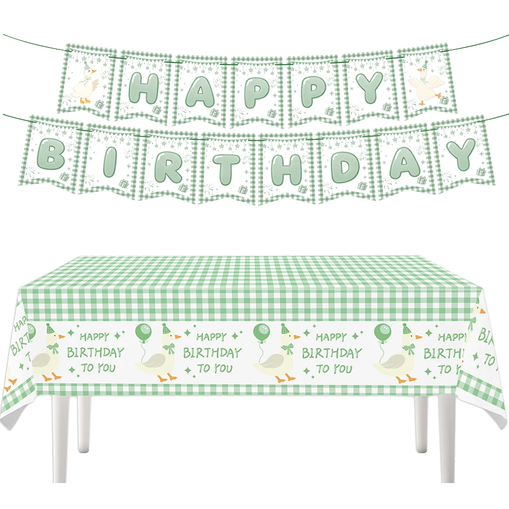Eco-Friendly Party Ware Set: Green Disposable Plates, Cups, Napkins, Banner, and Tablecloth
