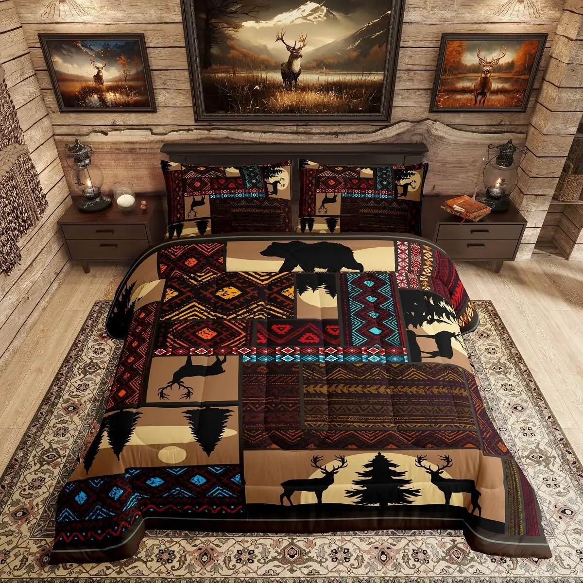 סט מצעים למלכה בוהו אזטק מערבי רוסטי חווה יער, סט מצעים עם פסים אדומים וחום, 3 יחידות