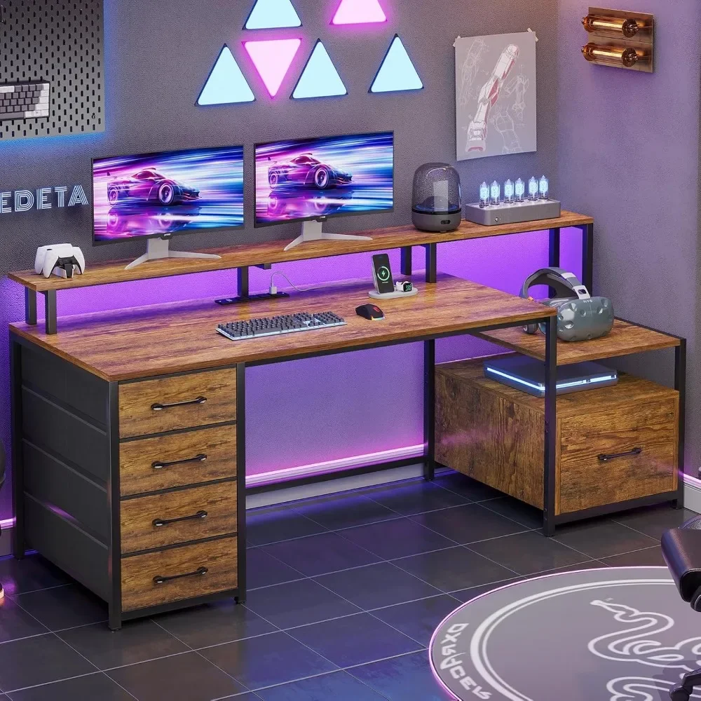 Home Office Desk with File Drawer & Power Outlet, 66'' Computer Desk with 5 Drawer, Storage Shelves, Printer Cabinet 2