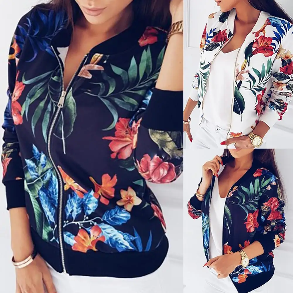 Women Floral Jackets Spring Summer Long Sleeve Zipper Print Jacket Casual Pocket Slim Female Fashion Outwears Plus Size images - 6